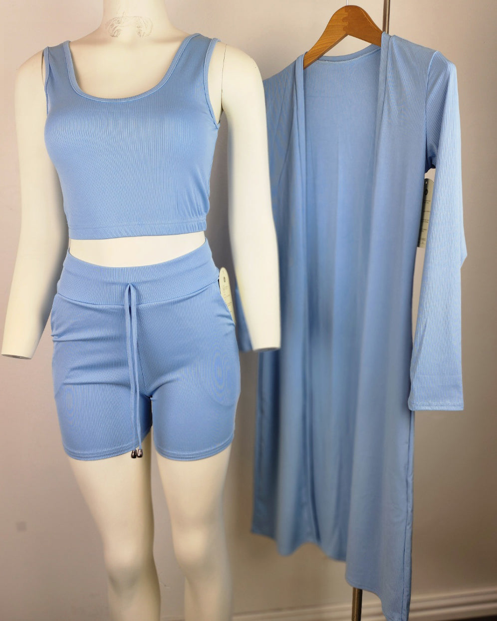 Soft & Comfortable Ribbed Knit Set: Tank, Shorts, Cardigan (75% Polyester/25% Spandex)