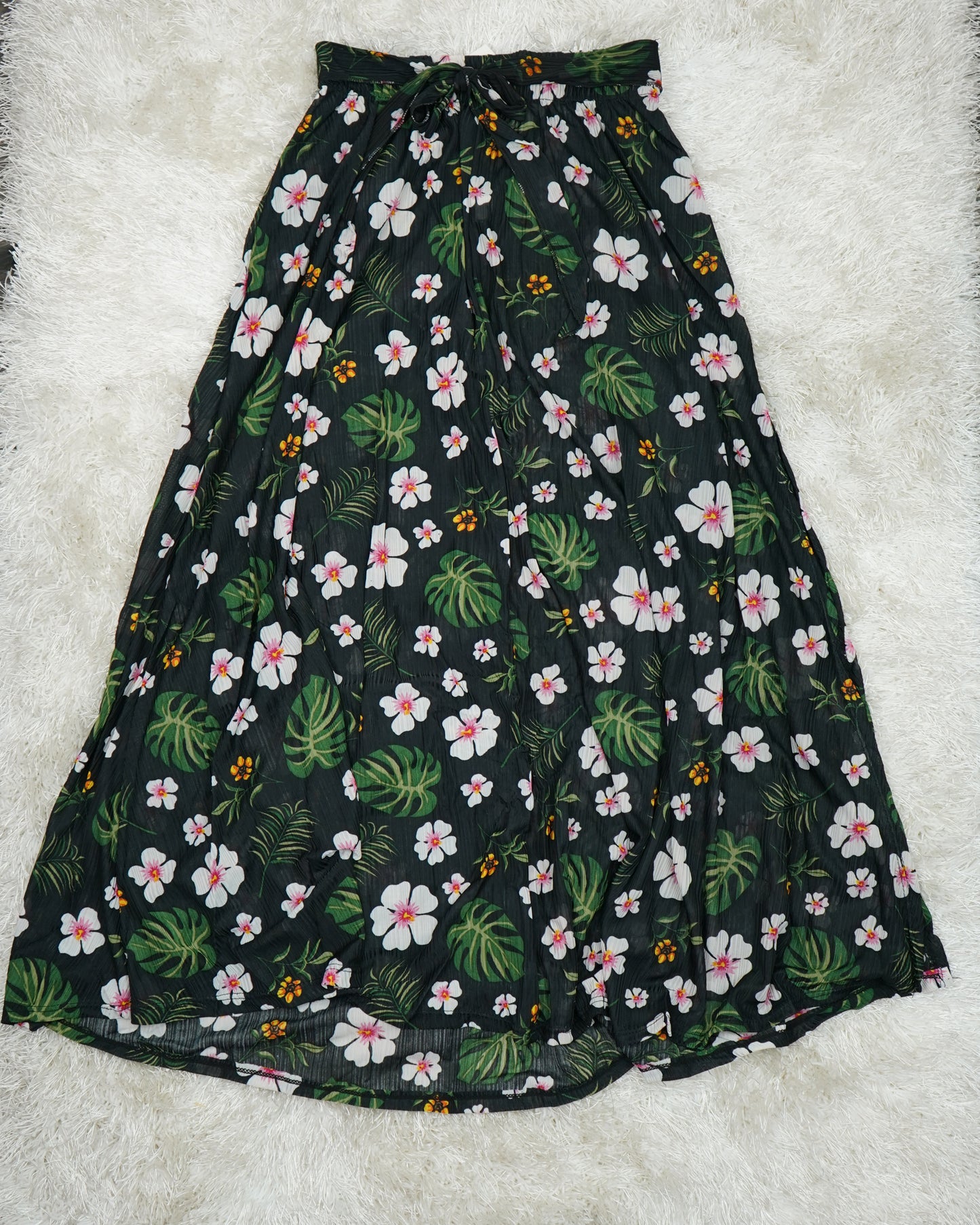 Black Floral Sheer Maxi Skirt with Side Slit, Stretchy Waist & Tie