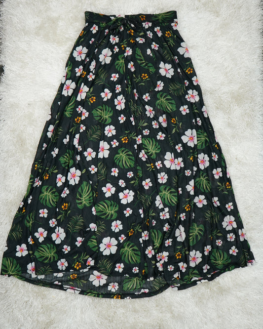 Black Floral Sheer Maxi Skirt with Side Slit, Stretchy Waist & Tie