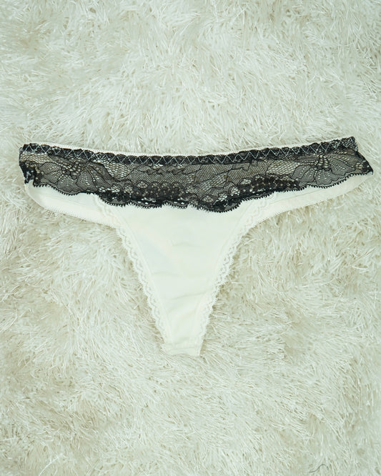 Luxurious Lace Thong - Cream with Black Detailing (Stretchy 85% Nylon 15% Spandex)