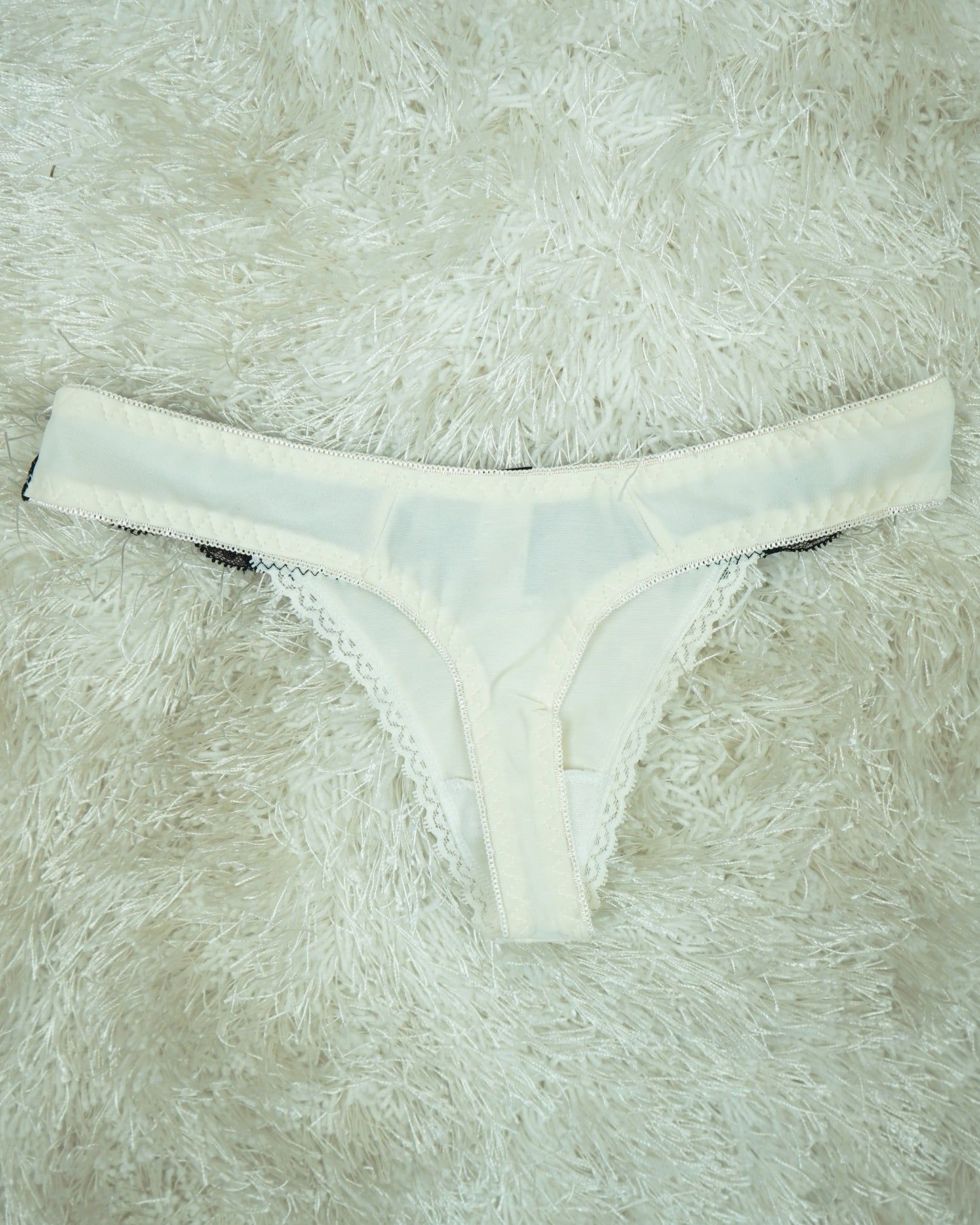 Luxurious Lace Thong - Cream with Black Detailing (Stretchy 85% Nylon 15% Spandex)