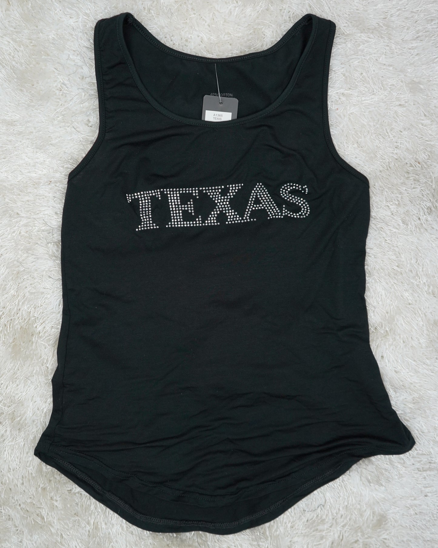 Bling Rhinestone Texas Black Tank Top - Sleeveless Drop Cut Comfort (Cotton Poly Spandex Blend)