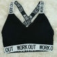 Supportive Cotton Padded Sports Bra: Color Black & White, "Workout" Text, Racerback