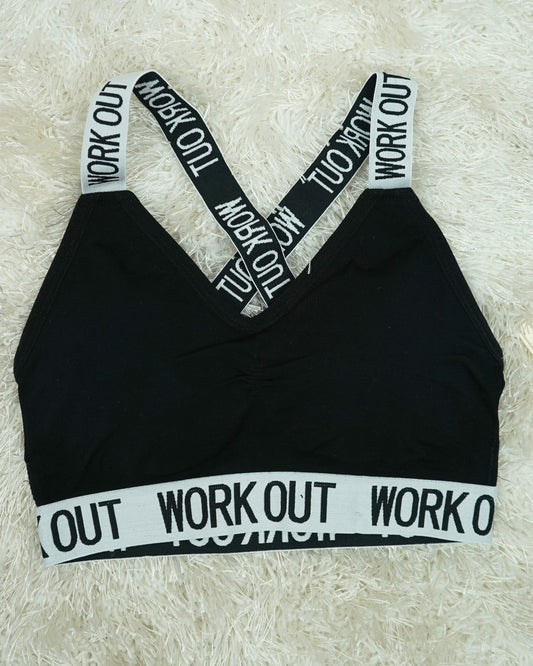 Supportive Cotton Padded Sports Bra: Color Black & White, "Workout" Text, Racerback