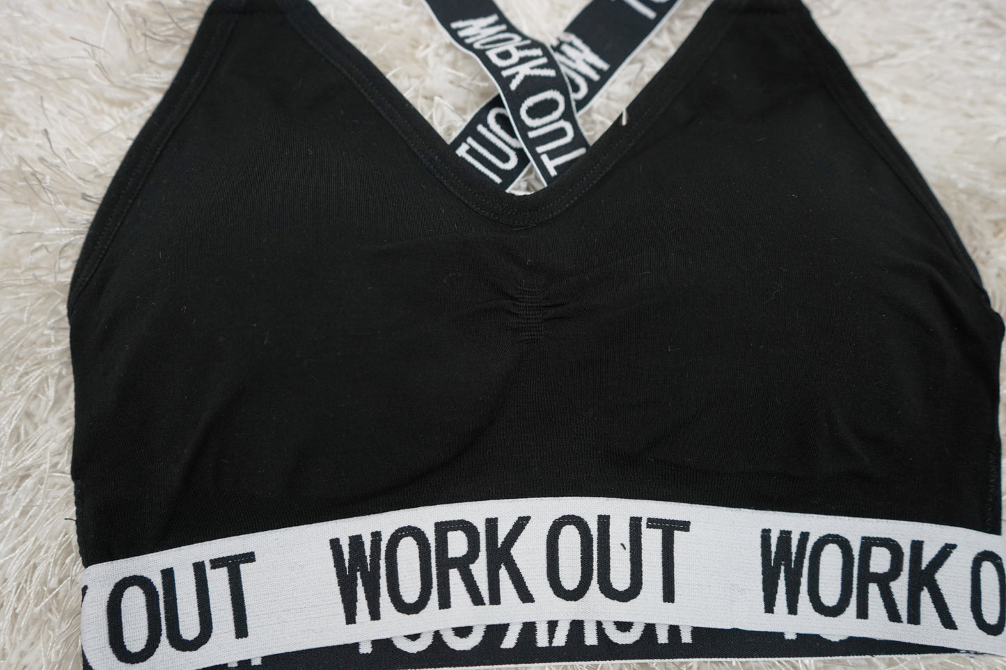 Supportive Cotton Padded Sports Bra: Color Black & White, "Workout" Text, Racerback