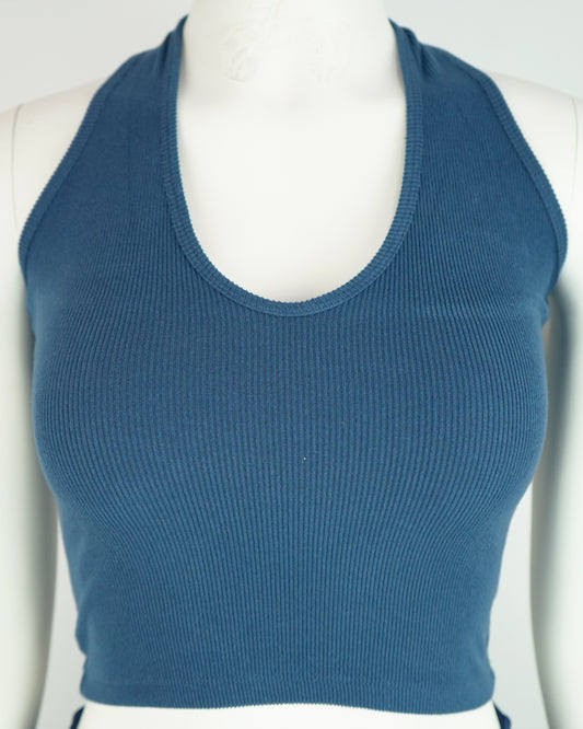 Womens Navy Ribbed Halter Neck Crop Top - Stretchy, Soft