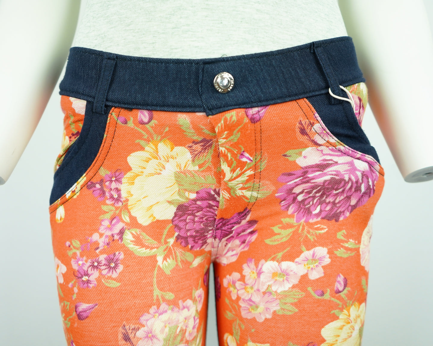 Women's Floral Print Jeggings with Orange & Dark Navy, High Stretch (Cotton, Polyester, Spandex Blend) - Pockets