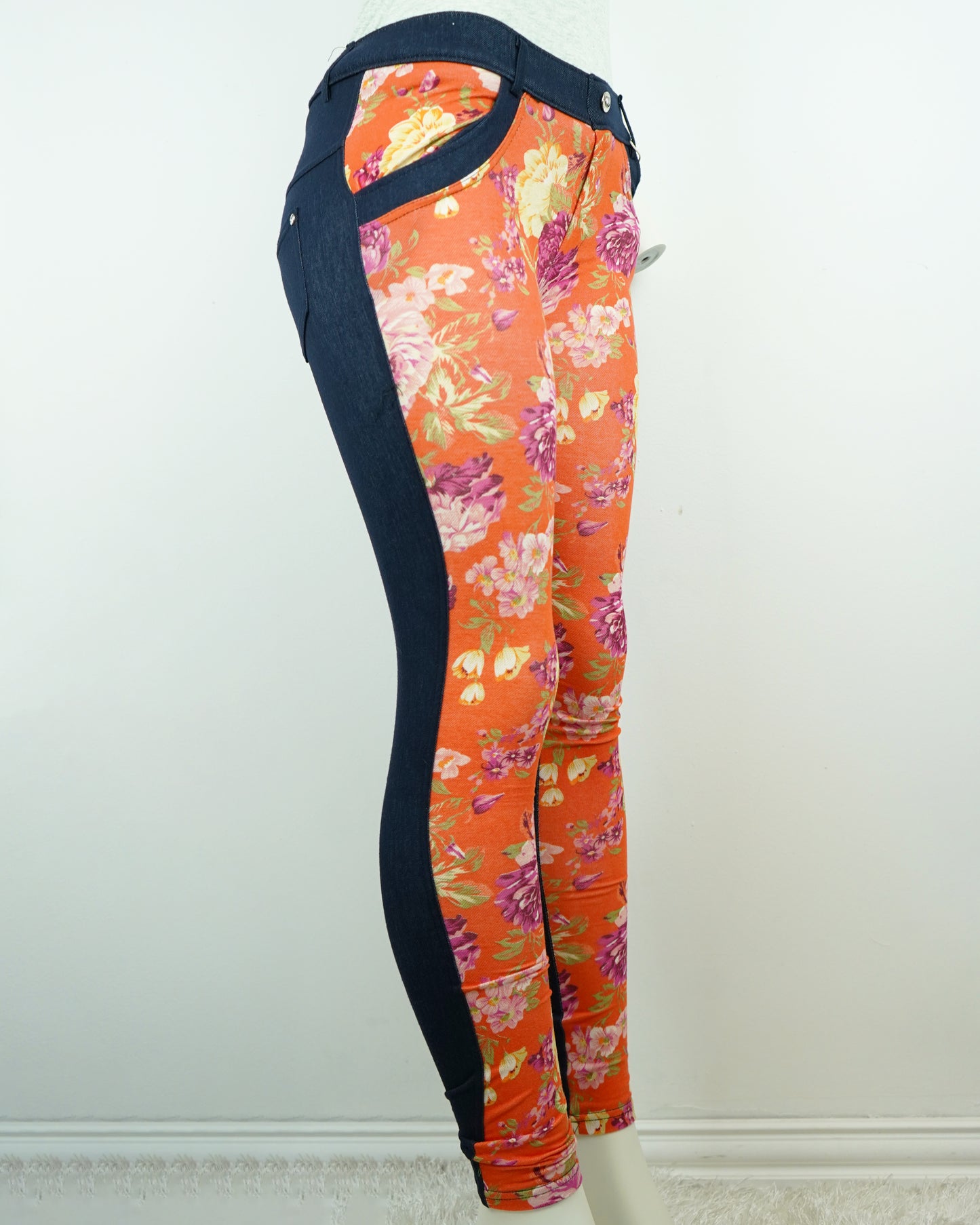 Women's Floral Print Jeggings with Orange & Dark Navy, High Stretch (Cotton, Polyester, Spandex Blend) - Pockets