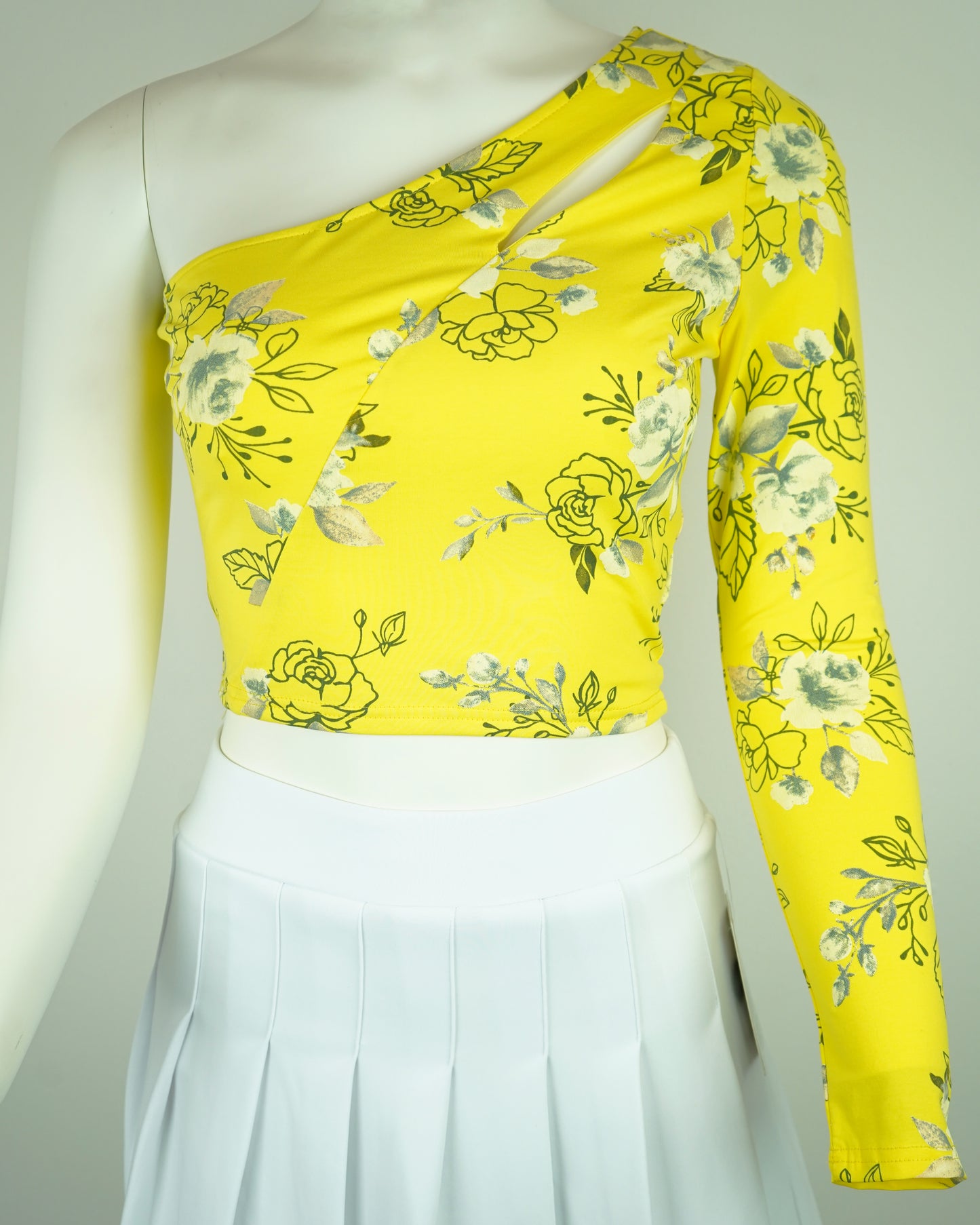 Women's Floral Long Sleeve Asymmetry Top - One Sleeve, Open Shoulder (Yellow or Pink) 95% Cotton