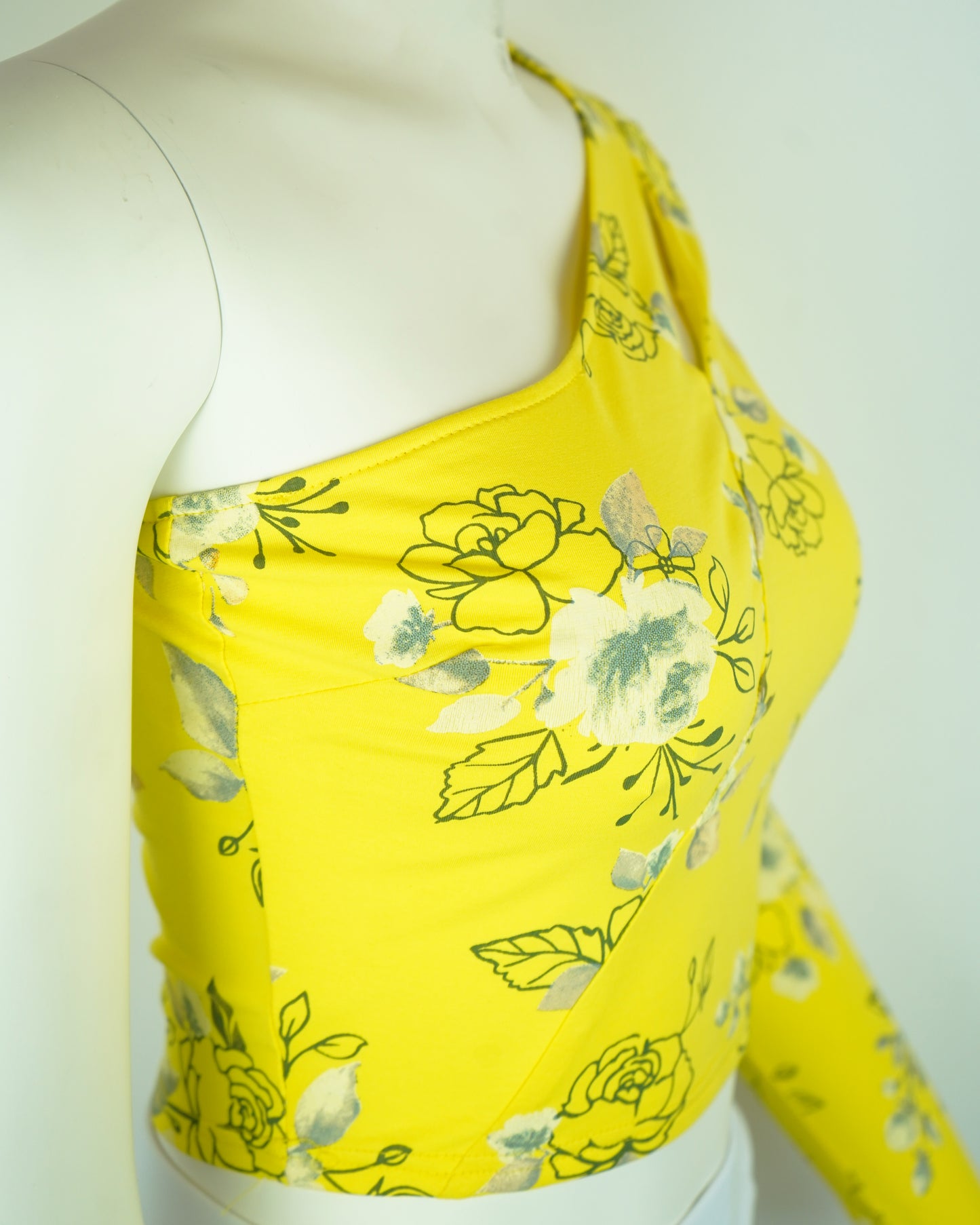 Women's Floral Long Sleeve Asymmetry Top - One Sleeve, Open Shoulder (Yellow or Pink) 95% Cotton