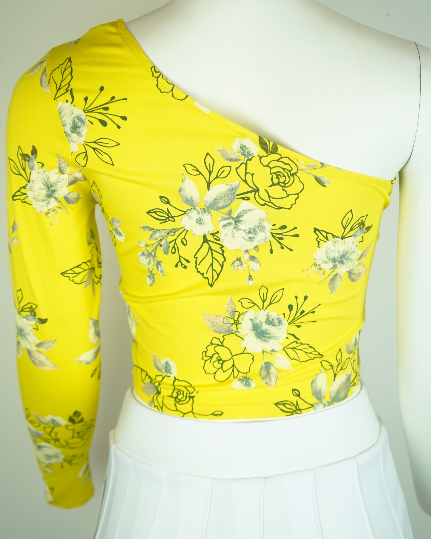 Women's Floral Long Sleeve Asymmetry Top - One Sleeve, Open Shoulder (Yellow or Pink) 95% Cotton