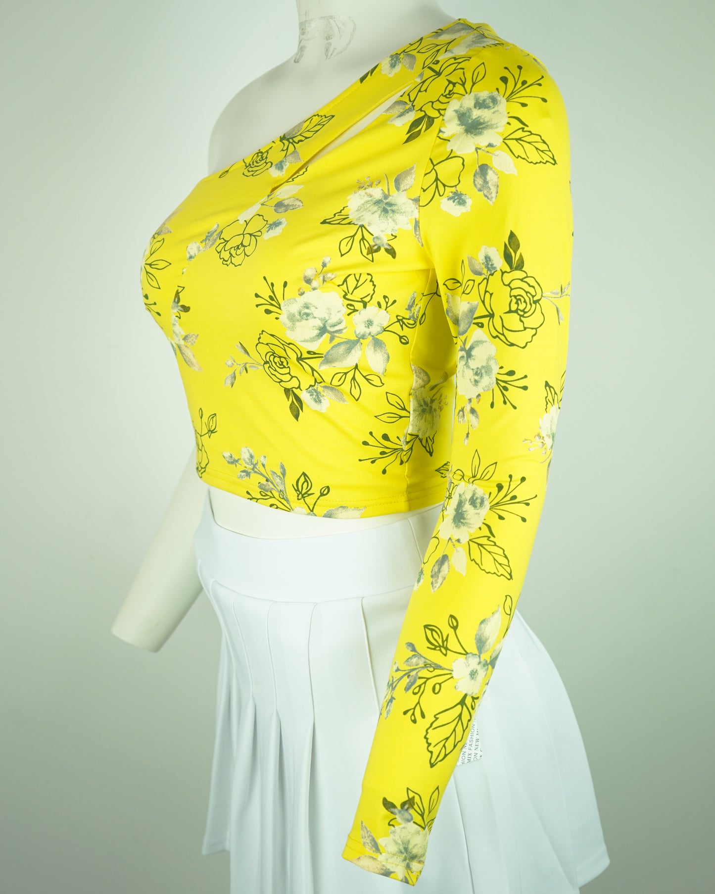 Women's Floral Long Sleeve Asymmetry Top - One Sleeve, Open Shoulder (Yellow or Pink) 95% Cotton