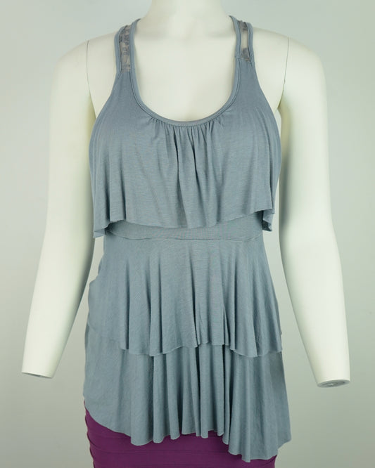 Grey Sleeveless Top with Lace Details & Ruched Bust (Rayon, Racerback, Lightweight)