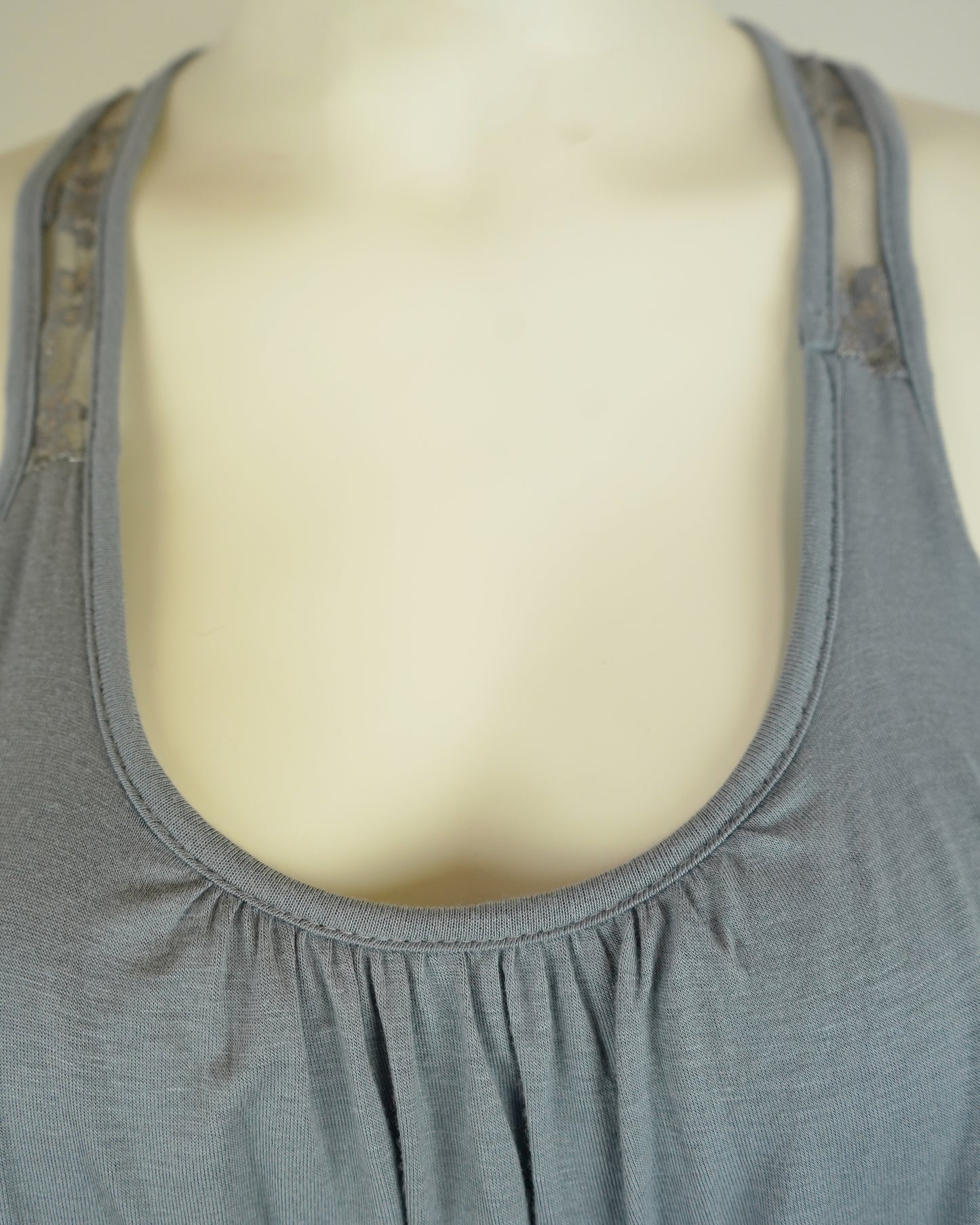 Grey Sleeveless Top with Lace Details & Ruched Bust (Rayon, Racerback, Lightweight)