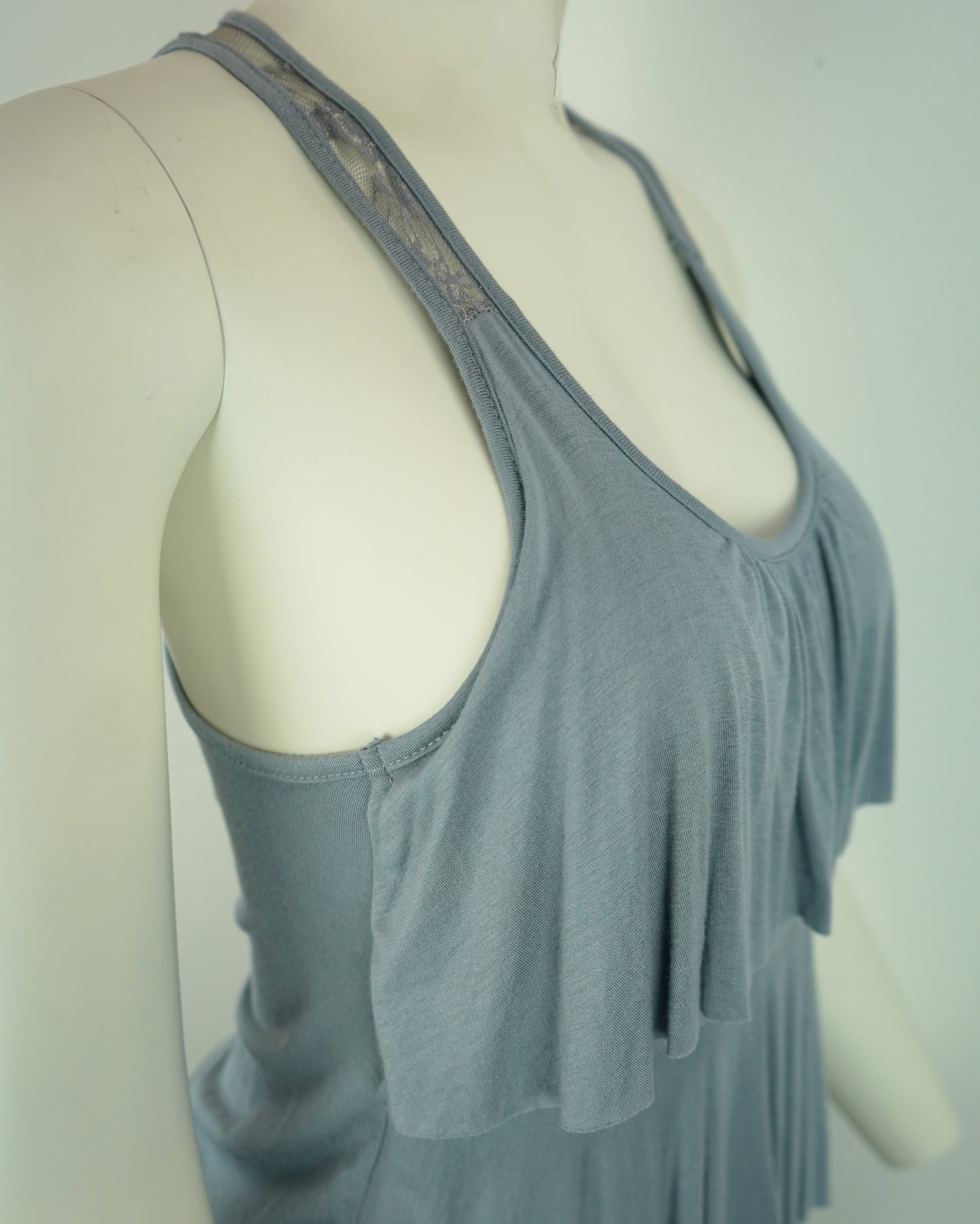 Grey Sleeveless Top with Lace Details & Ruched Bust (Rayon, Racerback, Lightweight)