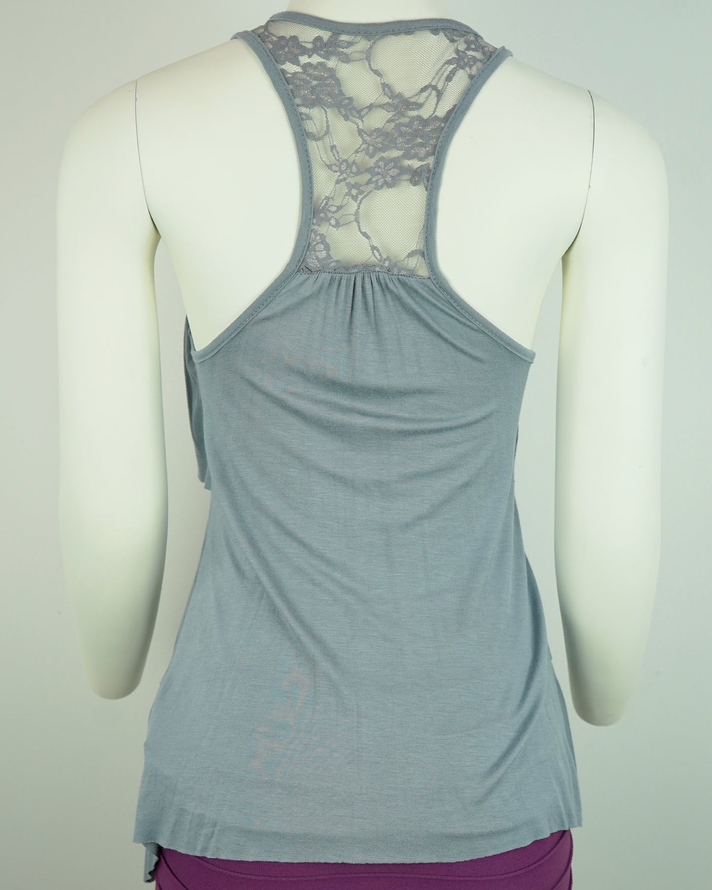 Grey Sleeveless Top with Lace Details & Ruched Bust (Rayon, Racerback, Lightweight)