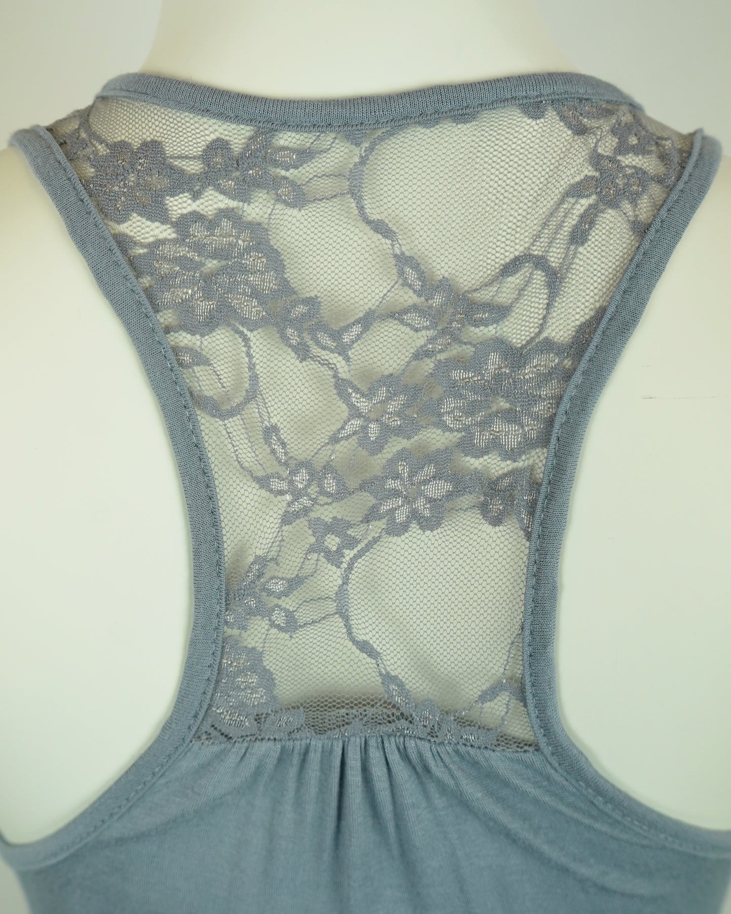 Grey Sleeveless Top with Lace Details & Ruched Bust (Rayon, Racerback, Lightweight)