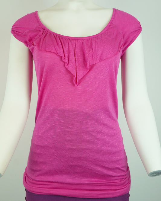 Women's Pink Ruffle Top with Cap Sleeves & Wide Collar (Rayon, Stretchy) Medium ONLY