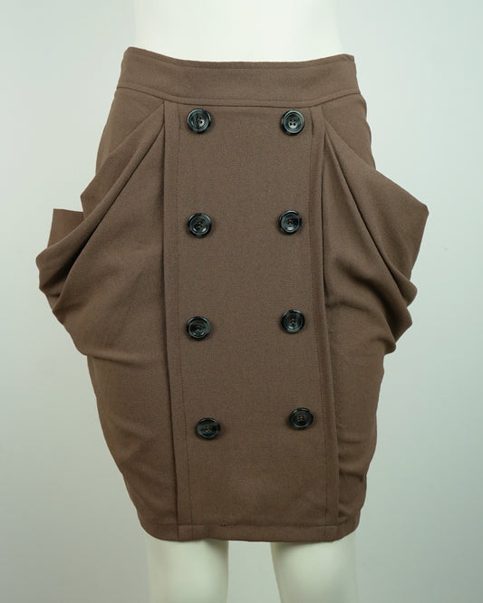 Brown Button-Front Knee-Length Skirt with Side Pockets (95% Polyester, 5% Spandex)