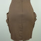 Brown Button-Front Knee-Length Skirt with Side Pockets (95% Polyester, 5% Spandex)