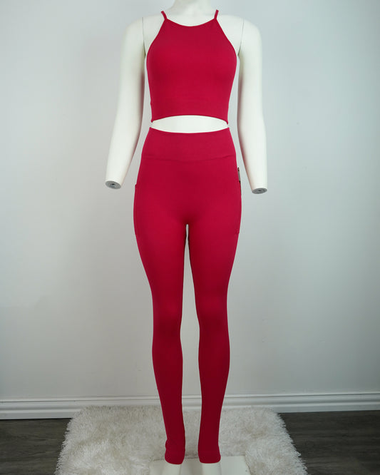 Seamless Ribbed Yoga Set: High-Stretch Crop Top & Legging w/ Pockets (Polyester-Spandex)