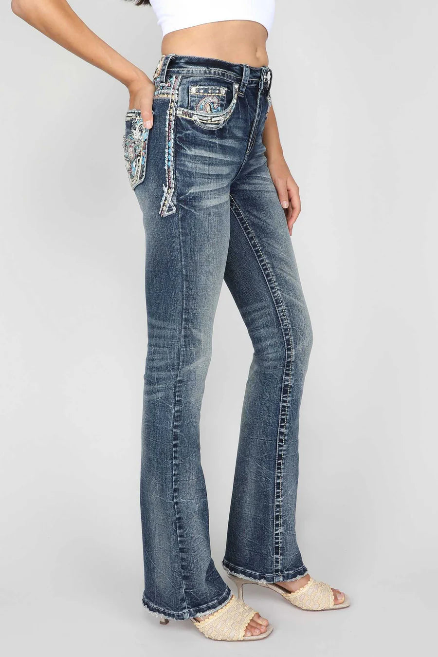 Women's Paisley Embroidered Mid Rise Bootcut Jeans