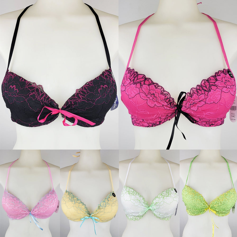 Womens Wired Halter Push Up Bra Cute Ribbon Lingerie 6 Pack 34C 36C 38C 40C