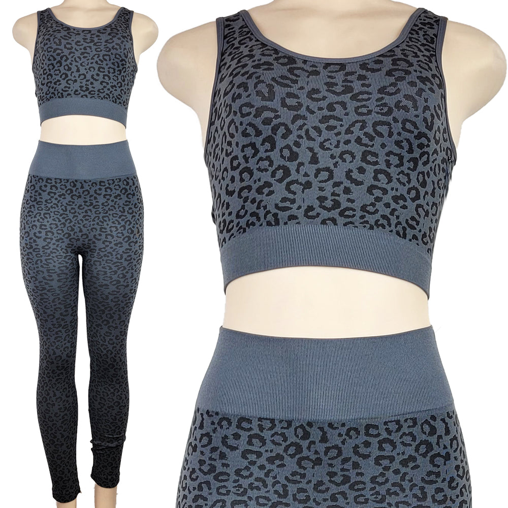 Womens Activewear Top Bottom Set Yoga Sports Leopard Pattern