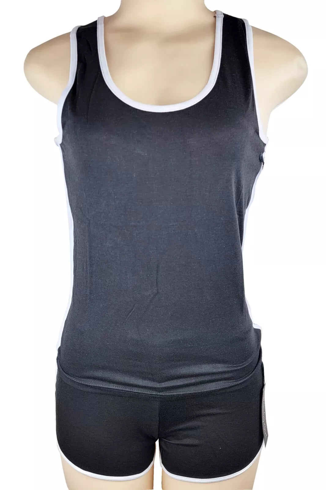 Black & White Activewear Set: High-Stretch Tank Top & Shorts (Cotton Blend, Side Slits)