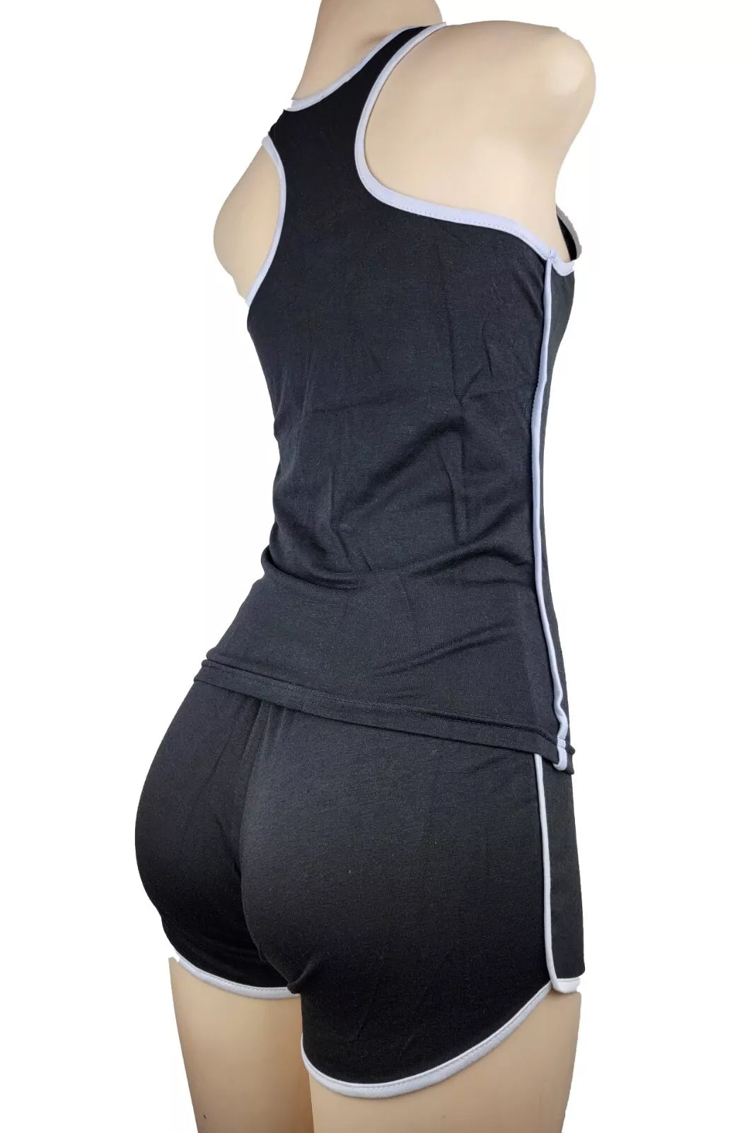 Black & White Activewear Set: High-Stretch Tank Top & Shorts (Cotton Blend, Side Slits)