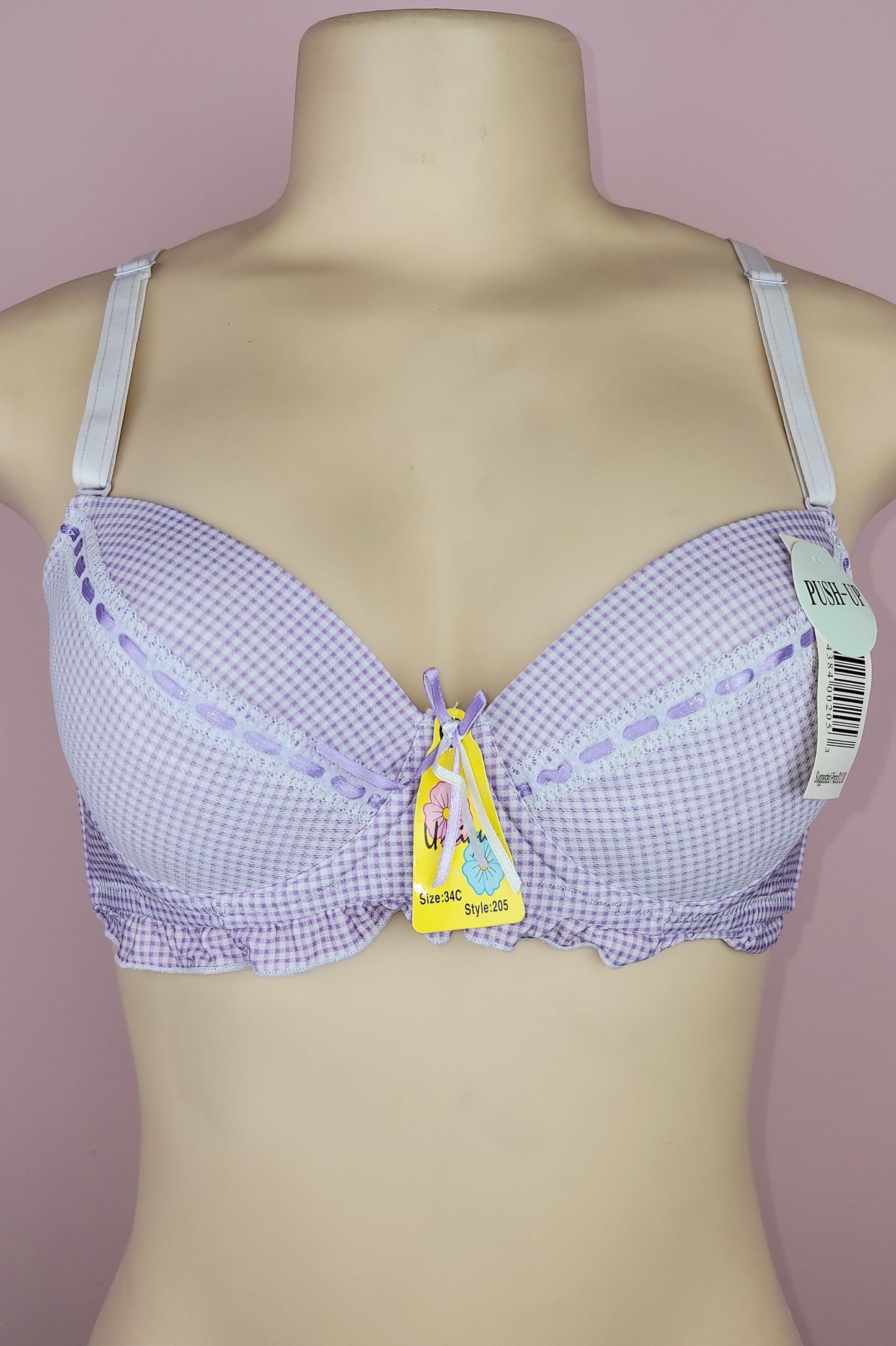 6 Pack Checkered Plaid Pattern Women's Push Up Bra with Ribbon 34C 36C 38C 40C