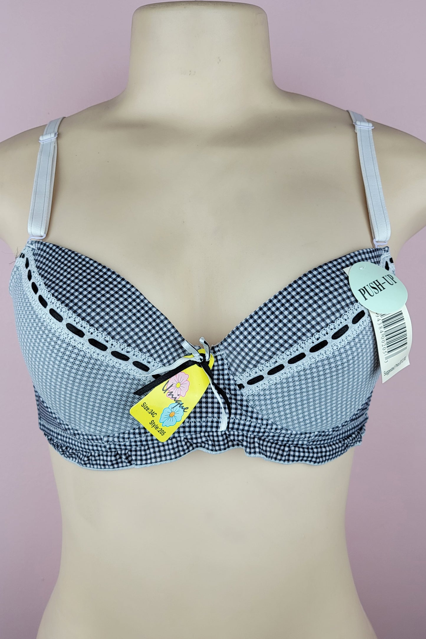 6 Pack Checkered Plaid Pattern Women's Push Up Bra with Ribbon 34C 36C 38C 40C