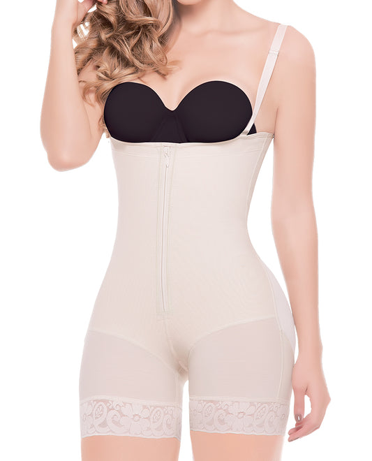 Front view of the high waist, open bust, nude colored shapewear.