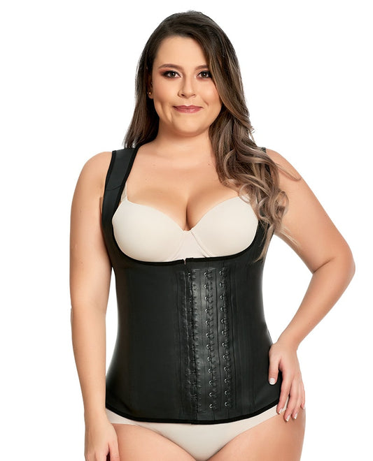 Front view of open bust, black waist trainer with wide straps.