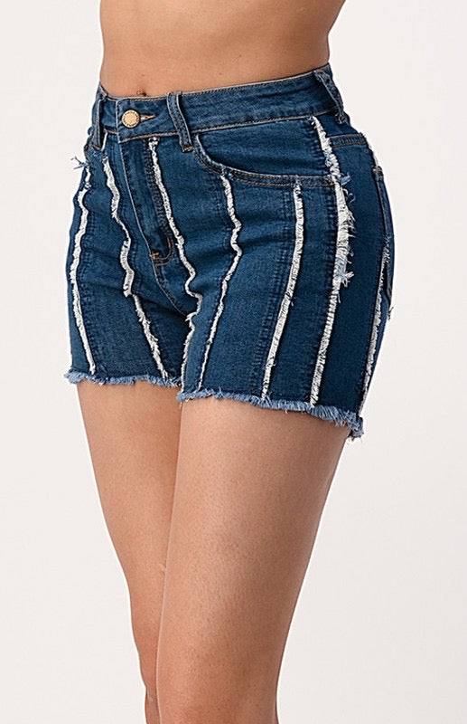 Elastic Barred Denim Shorts