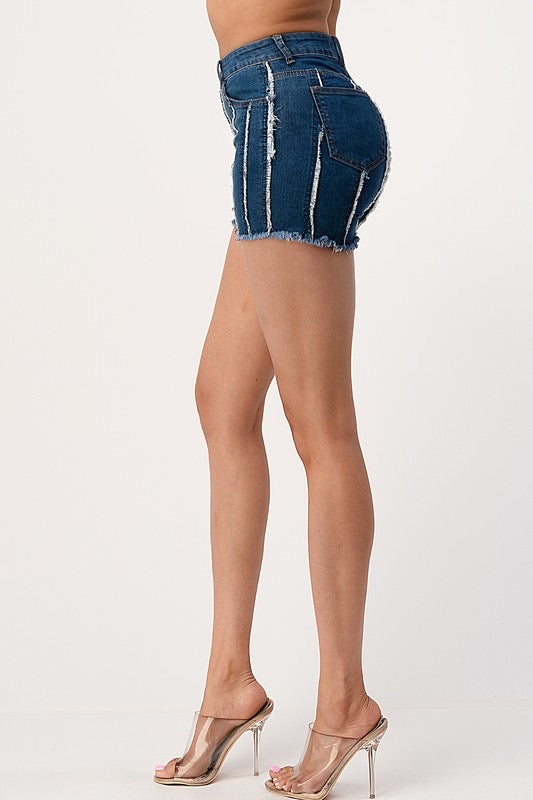 Elastic Barred Denim Shorts