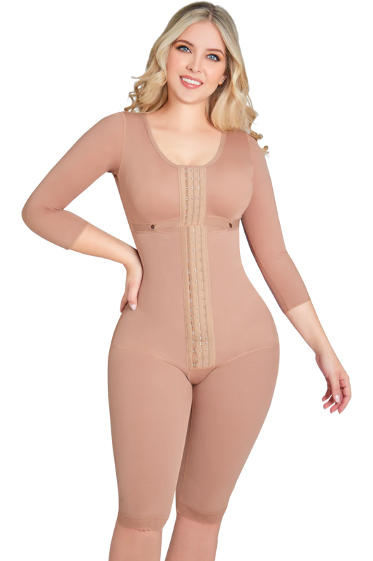 Front view of the full body, mocha colored shapewear.