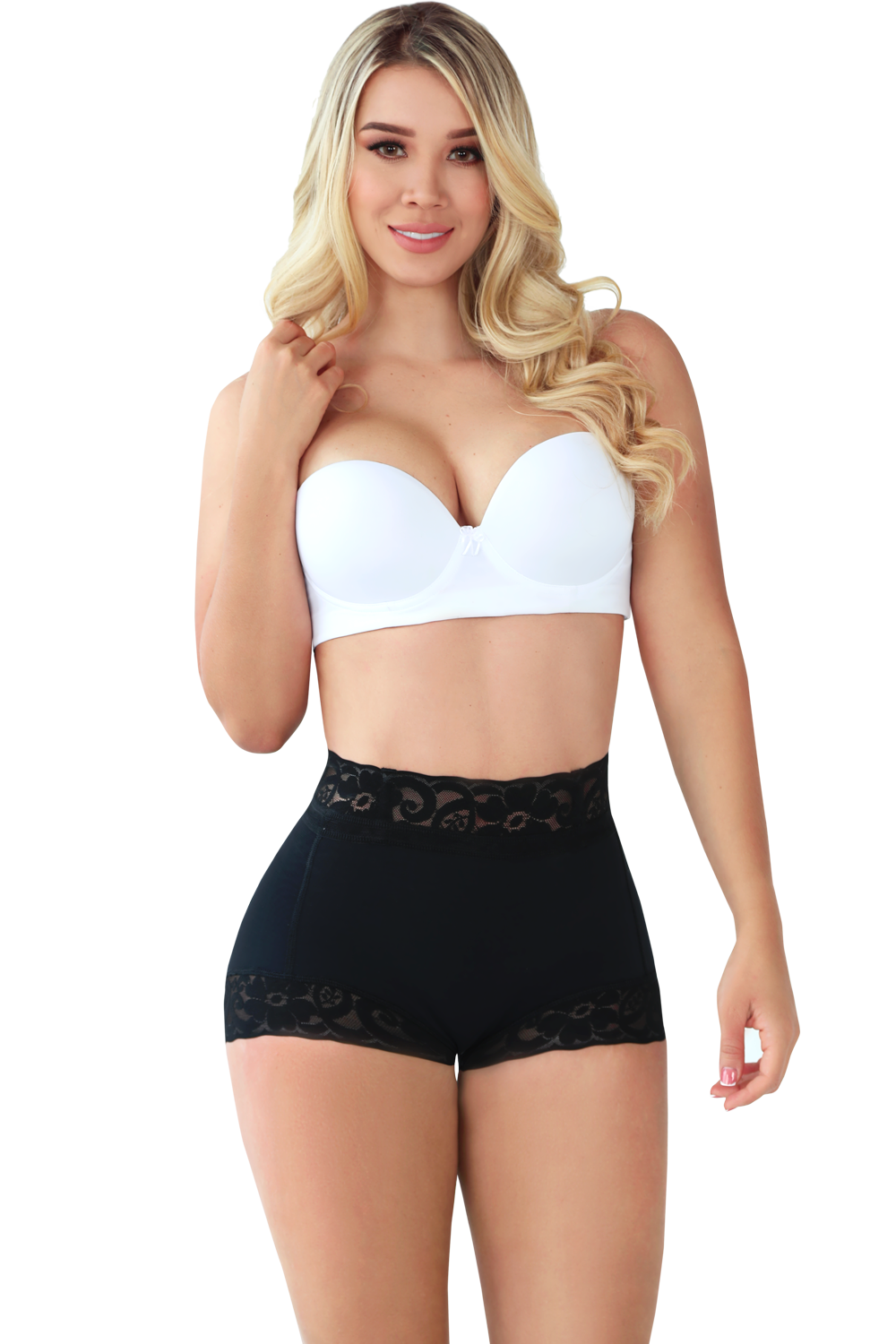 Front view of high waist, black panty shapewear.