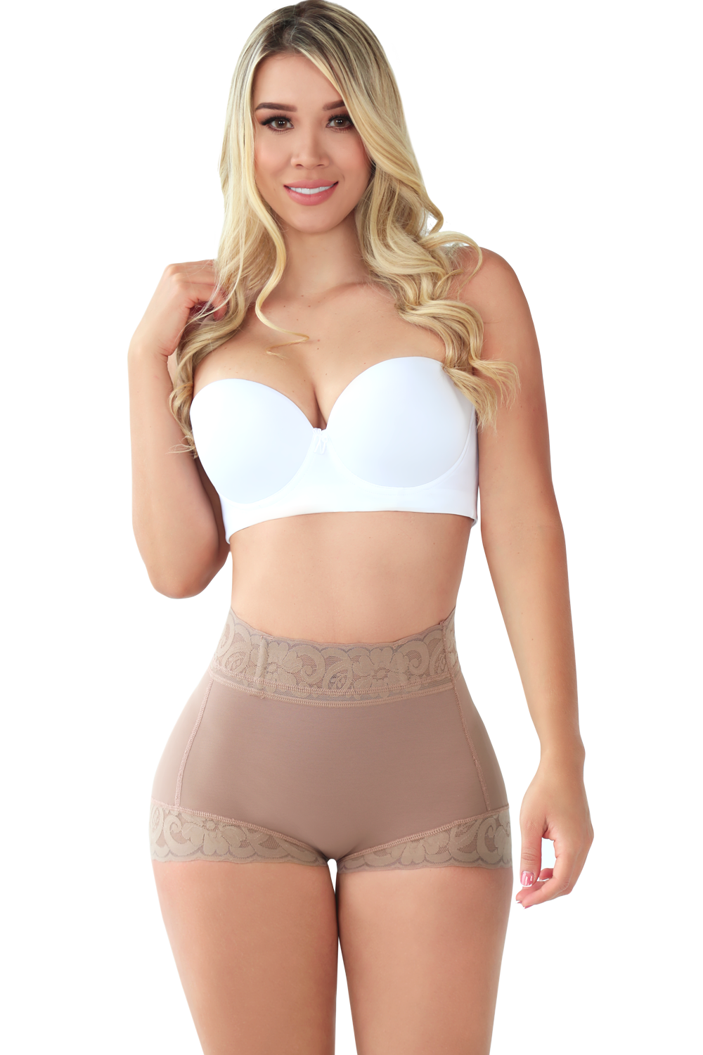 Front view of high waist, mocha colored panty shapewear.