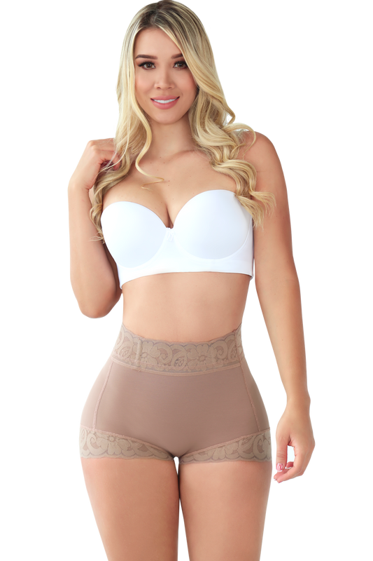 Front view of high waist, mocha colored panty shapewear.