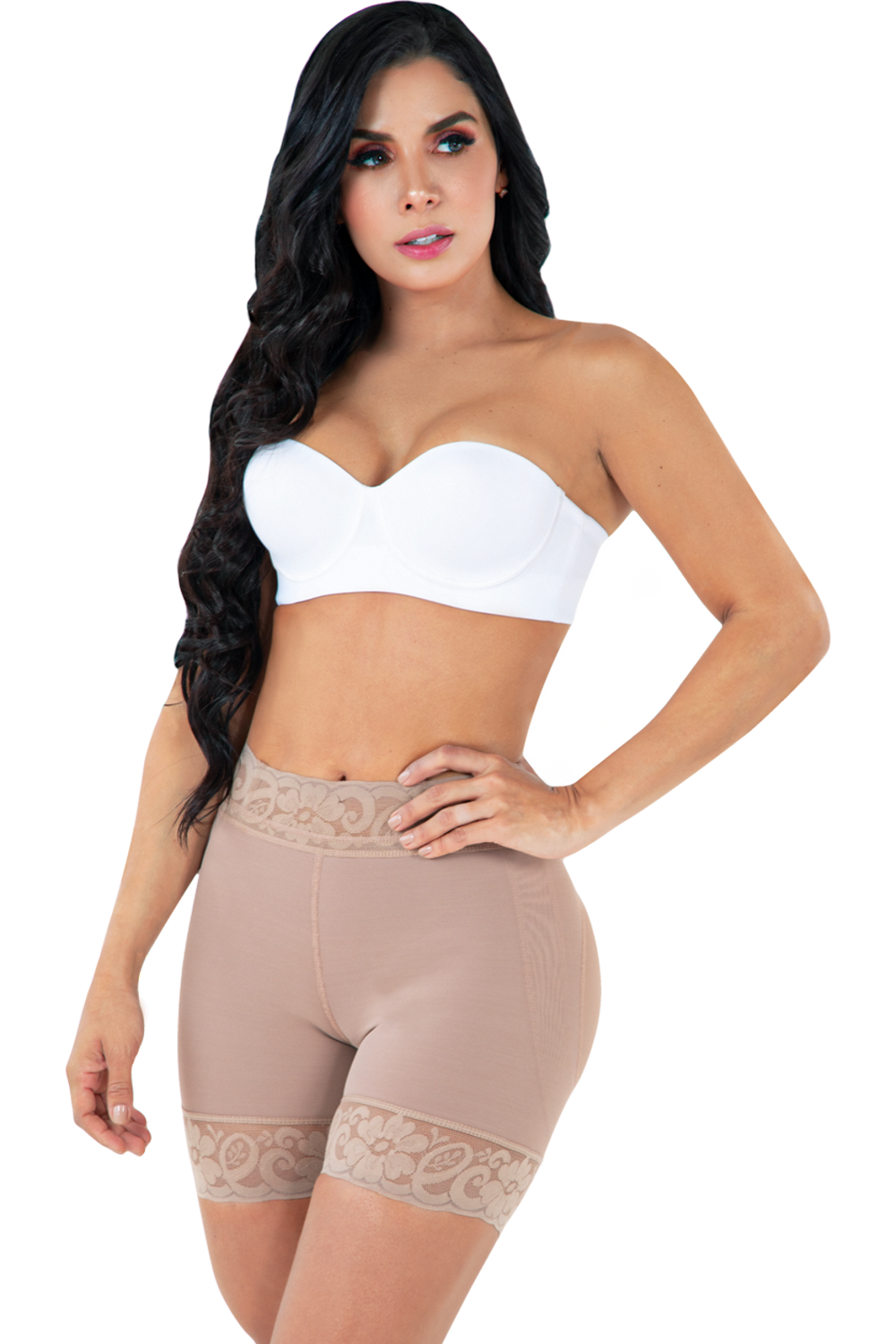 Front view of high waist, mocha colored shorts shapewear.