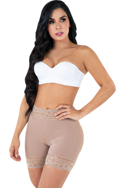 Front view of high waist, mocha colored shorts shapewear.