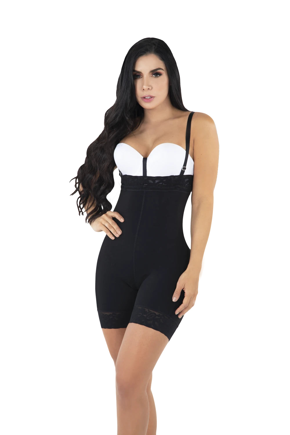 Front view of high waist, open bust, black shapewear.