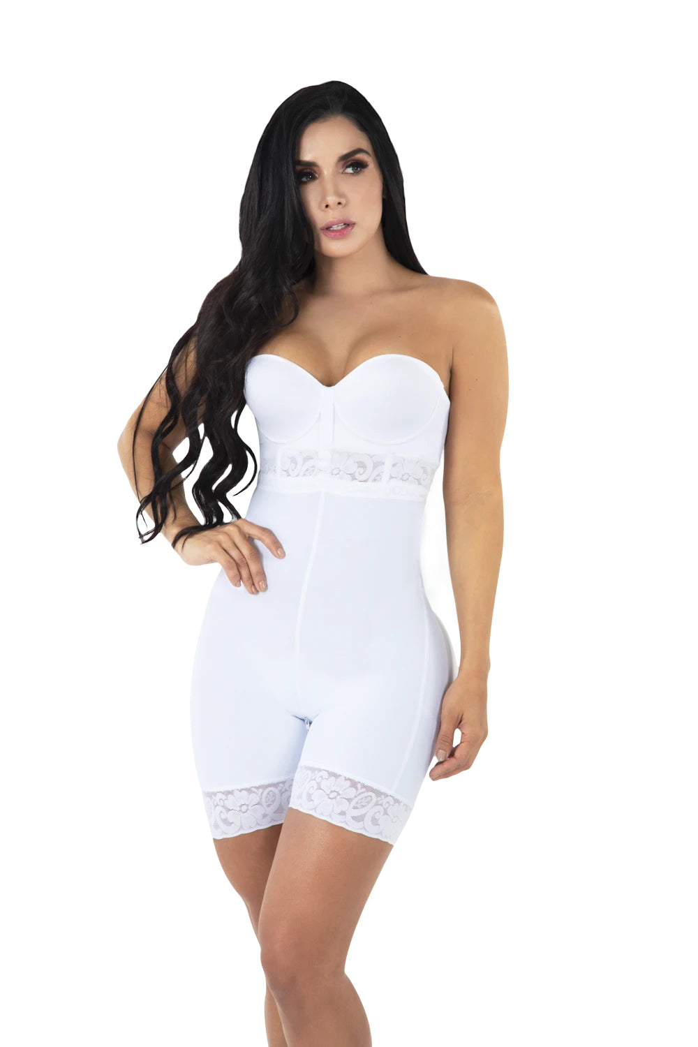 Front view of high waist, open bust, white shapewear.